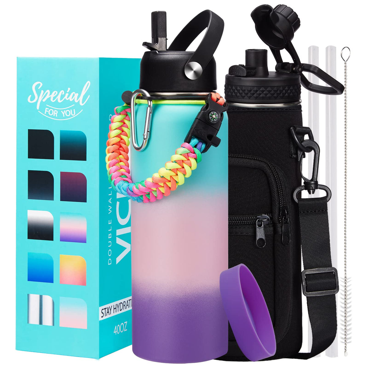 32/40/64OZ Insulated Water Bottle - Keep Cold 48H Hot 24H, Combo Straw/Spout Lids, Paracord Handle for Gym/Hiking, Carrier Bag +Strap, Cup Mat, BPA-Free Stainless Steel Flask Jug