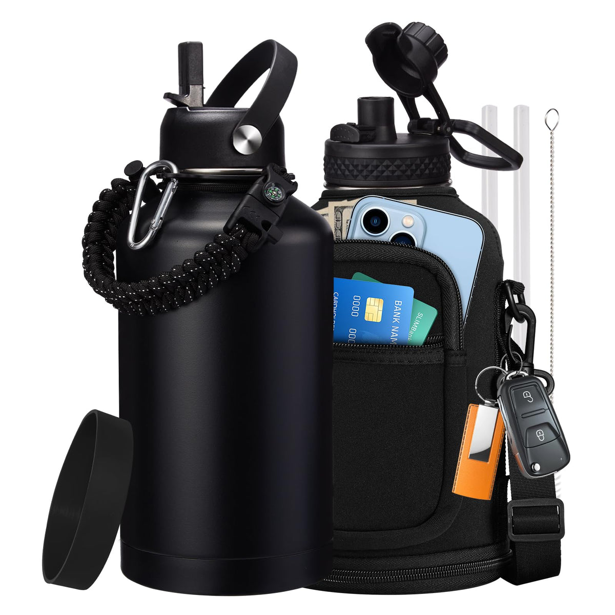 32/40/64OZ Insulated Water Bottle - Keep Cold 48H Hot 24H, Combo Straw/Spout Lids, Paracord Handle for Gym/Hiking, Carrier Bag +Strap, Cup Mat, BPA-Free Stainless Steel Flask Jug