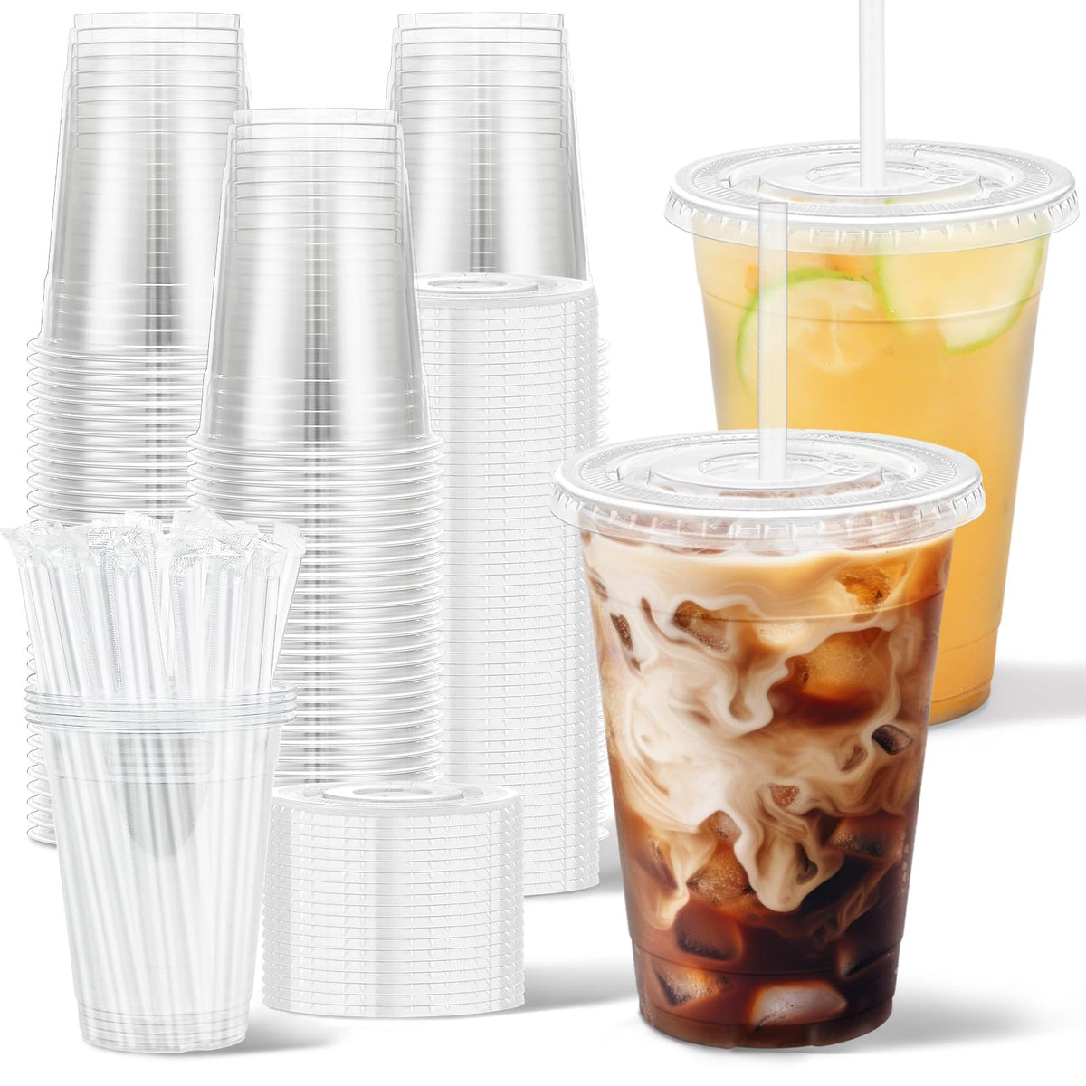 Clawsoff 100 Pack 16 oz Disposable Clear Plastic Cups with Lids and Straws