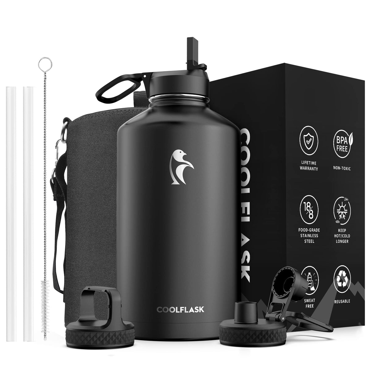 Coolflask 40 oz Water Bottle Insulated with Straw & 3 Leakproof Lids