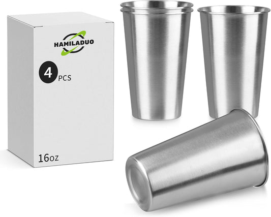 16 oz Stainless Steel Pint Cups, 4Pack Steel Cup,Pint Cup Tumbler，water Tumbler,Stackable,Reusable,BPA Free, (4)