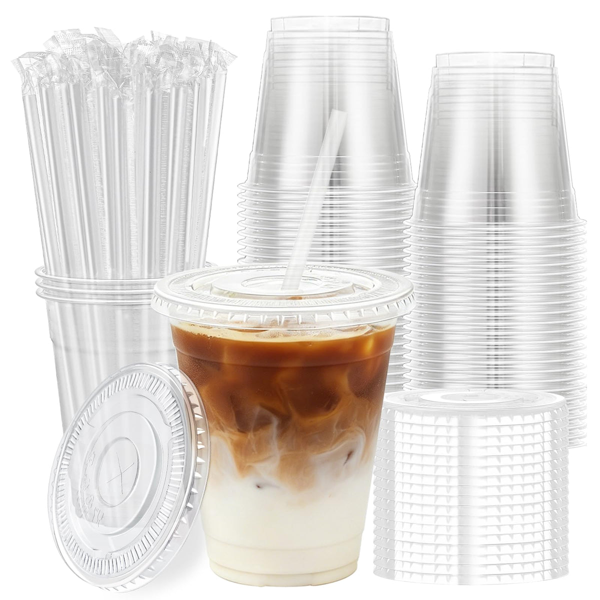 Lamosi 100 Pack 16 oz Clear Plastic Cups with Lids and Straws