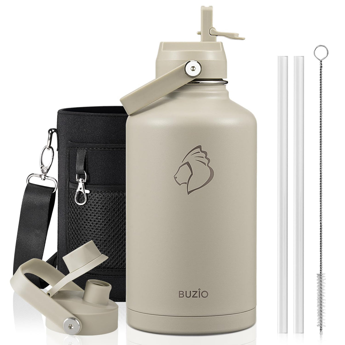 BUZIO 64 oz Insulated Stainless Steel Water Bottle with Dust-proof Lids
