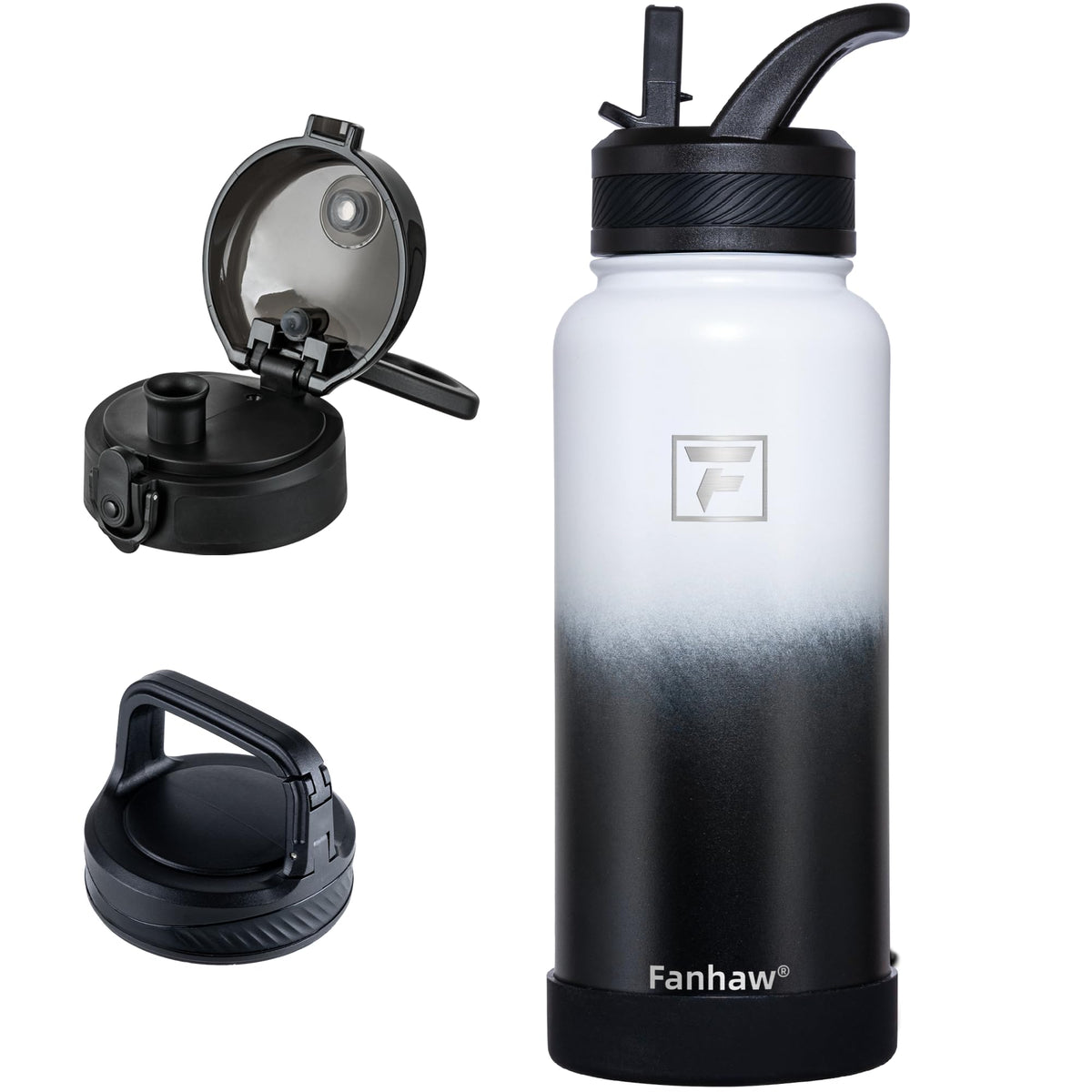 Fanhaw 32 oz Insulated Water Bottle – Portable Stainless Steel Flask with 3 Lids (Straw, Chug, Carabiner) | Leakproof, for Gym, Hiking, Work, Travel & Everyday Use (Black)