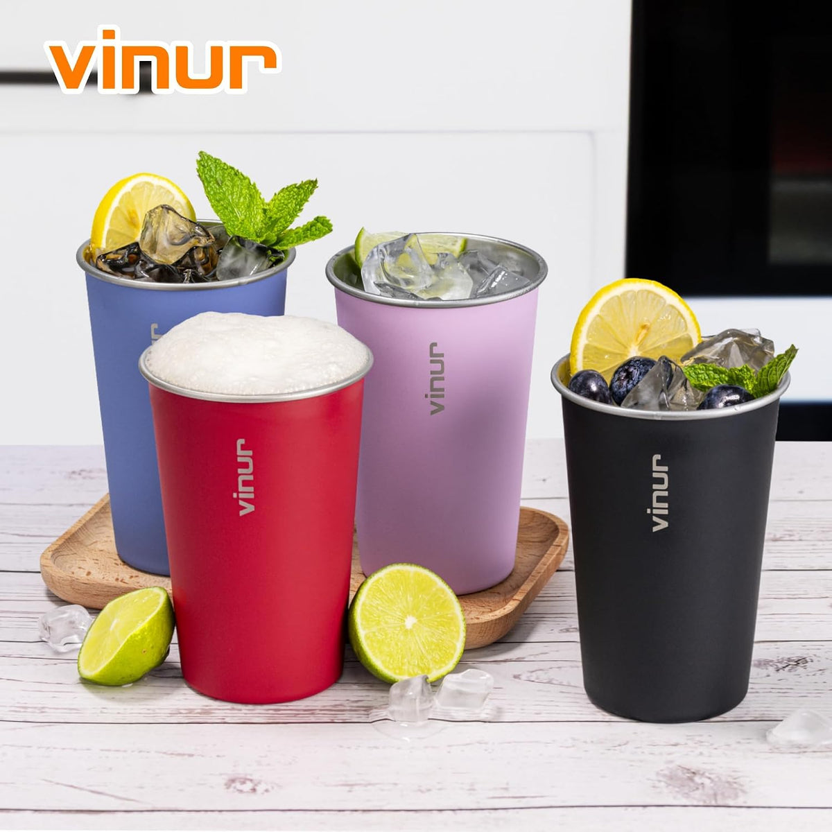 Stainless Steel Cups-16 oz Colorful Stackable Metal Drinking Glasses 8 Pcs
