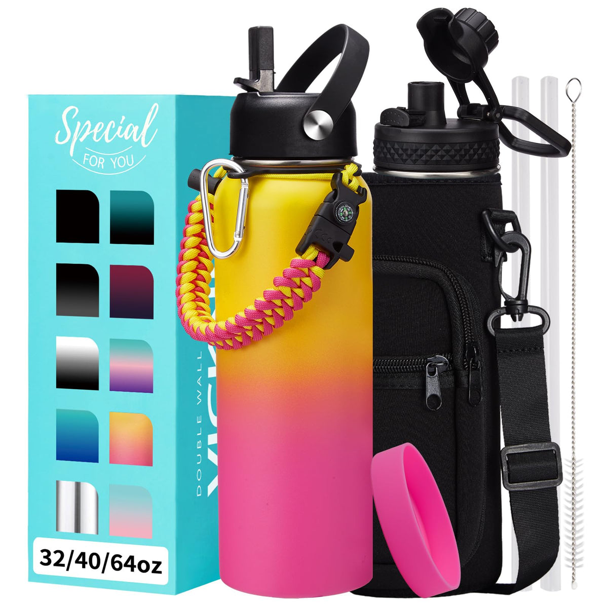 32/40/64OZ Insulated Water Bottle - Keep Cold 48H Hot 24H, Combo Straw/Spout Lids, Paracord Handle for Gym/Hiking, Carrier Bag +Strap, Cup Mat, BPA-Free Stainless Steel Flask Jug