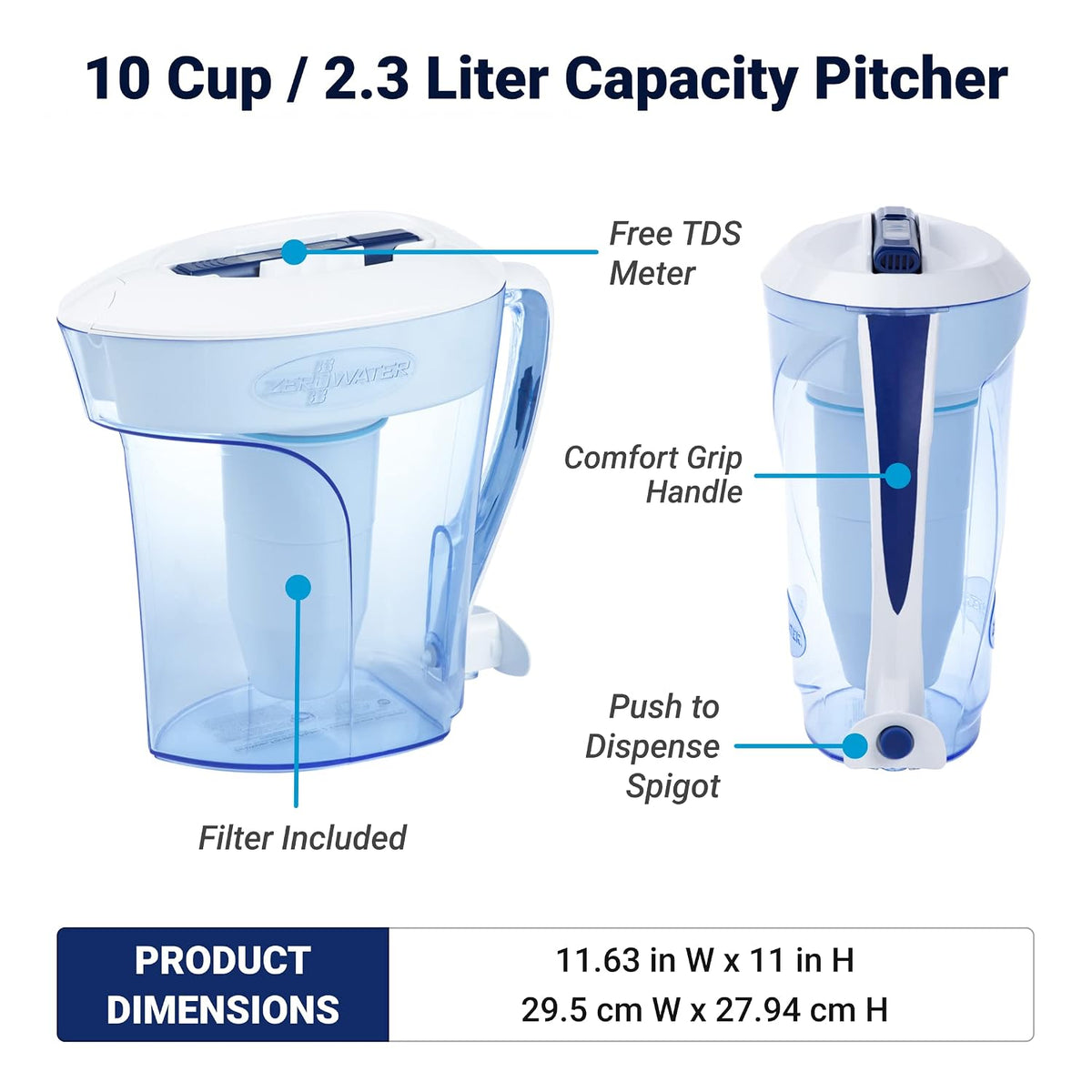 ZeroWater 10-Cup Pitcher Water Filter Removes PFOA/PFAS