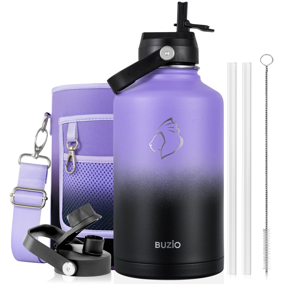 BUZIO 64 oz Insulated Stainless Steel Water Bottle with Dust-proof Lids
