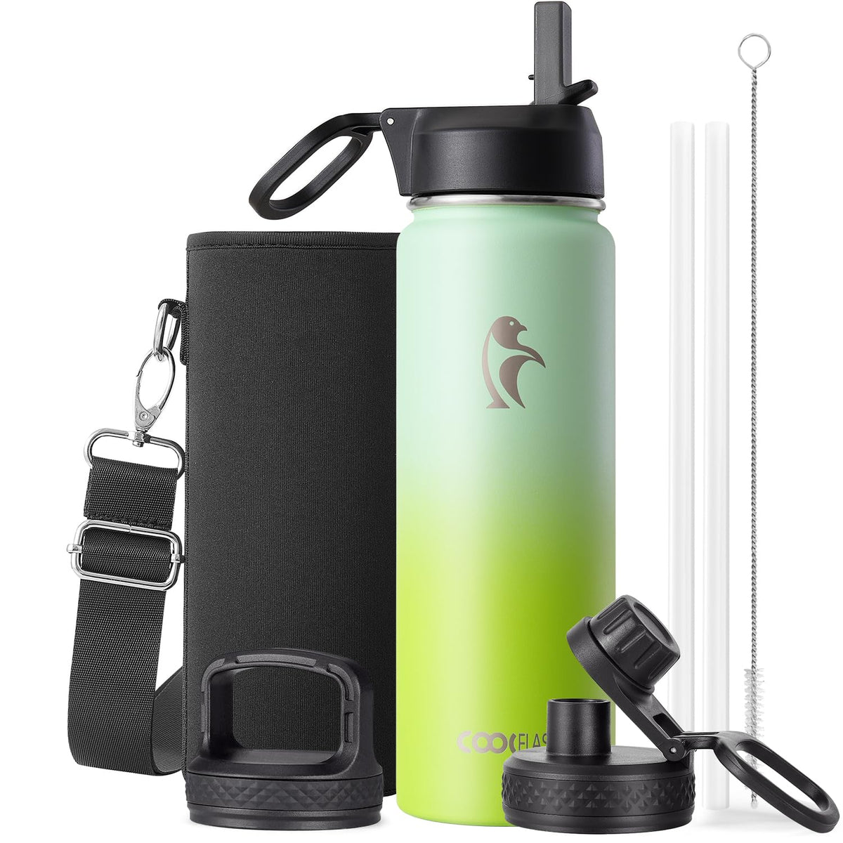 Coolflask 40 oz Water Bottle Insulated with Straw & 3 Leakproof Lids