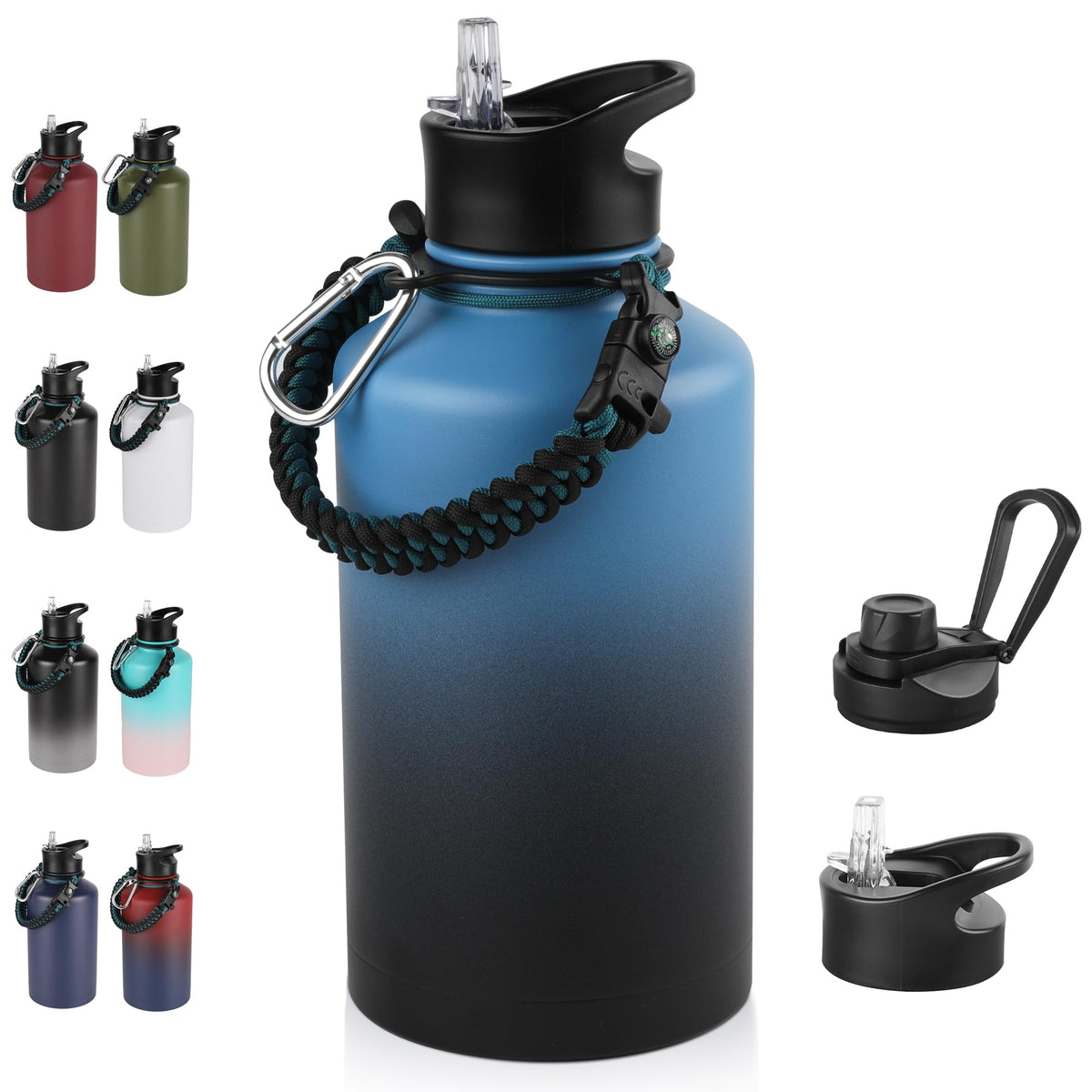 40 oz Insulated Water Bottle with Straw, Stainless Steel Sports Water Bottles with 2 Lids (Straw and Wide Mouth lid), Double Wall Vacuum, Leakproof, BPA-Free, Black