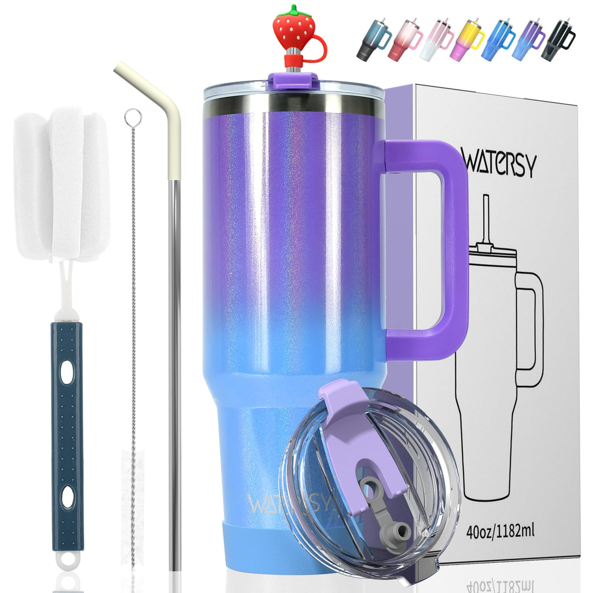 40 oz Tumbler with Handle,Tumbler with Lid and Straw,Double Wall Insulated Cup Stainless Steel Travel Mug(Cold for 34 Hours),Water Bottle for Iced Tea,Coffee,Cold Beverages(Purple)