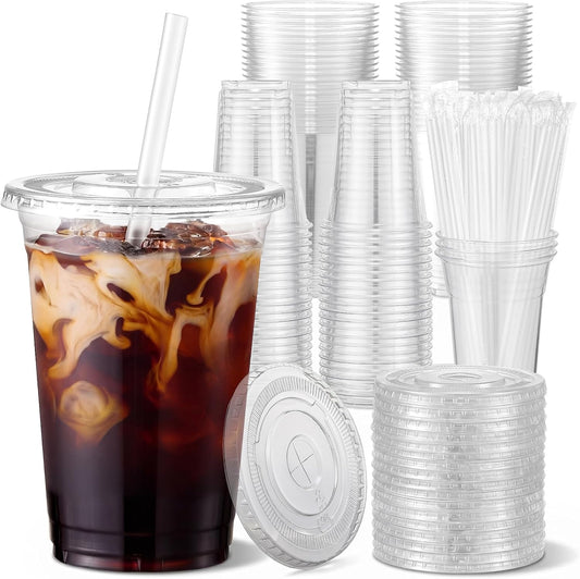 VITEVER [100 Sets - 16oz] Clear Plastic Cups with Lids and Straws, Disposable Iced Coffee Cups for Smoothie, Milkshake, Cold Drinks - BPA free