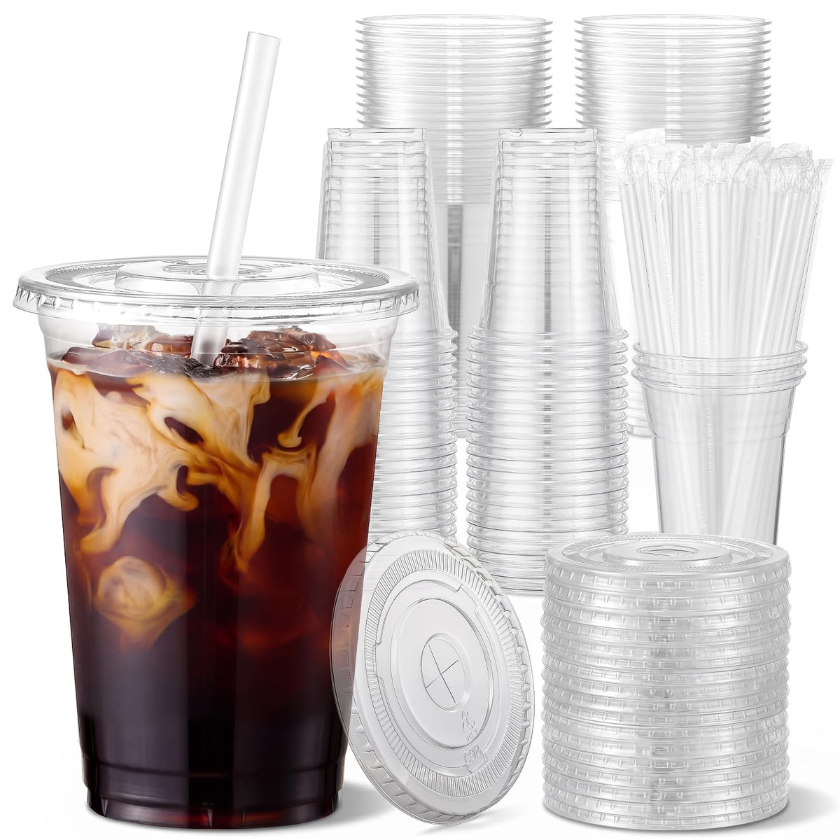 VITEVER [100 Sets - 16oz] Clear Plastic Cups with Lids and Straws, Disposable Iced Coffee Cups for Smoothie, Milkshake, Cold Drinks - BPA free