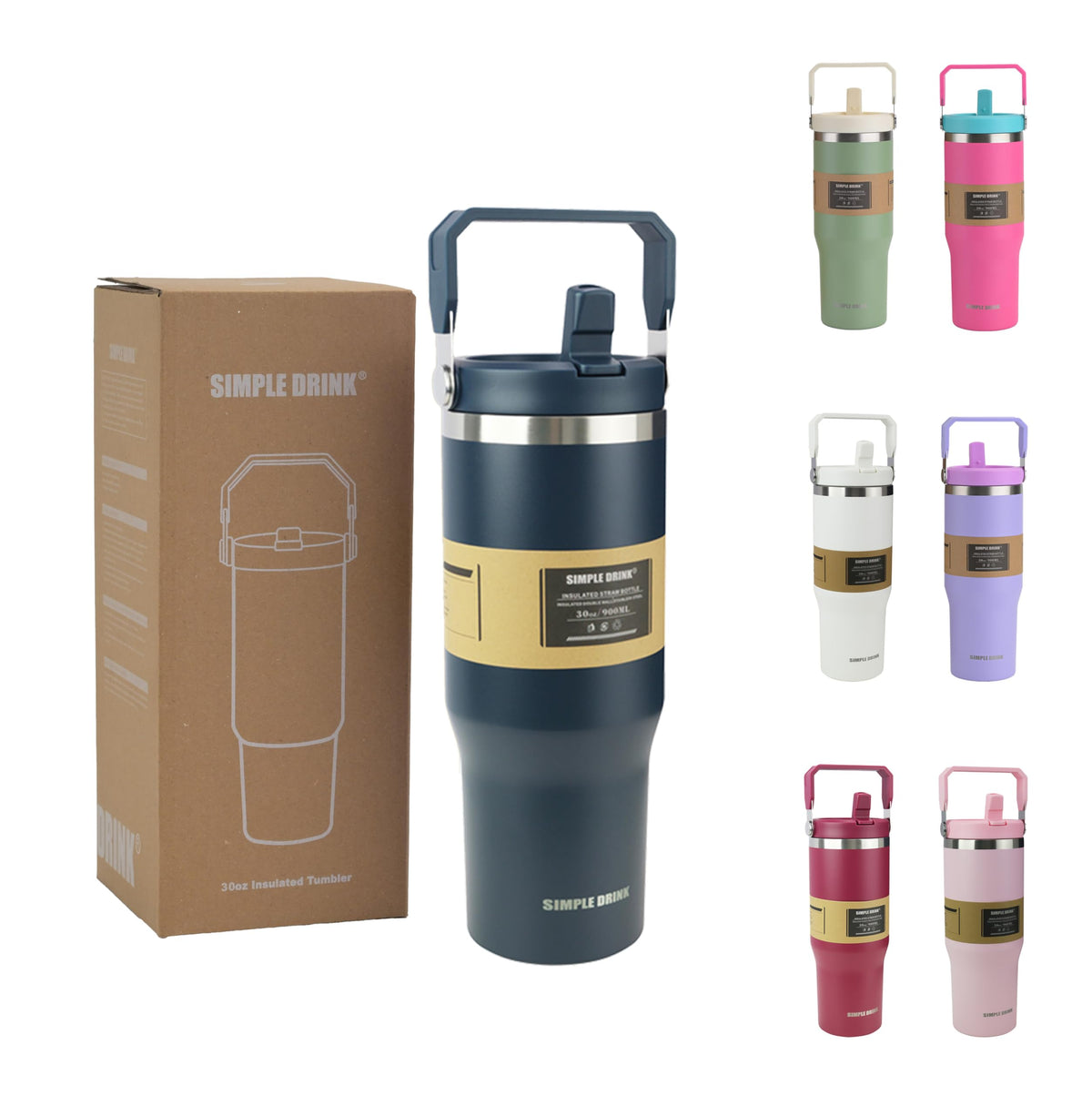 30oz Flip Straw Insulated Water Bottle with Handle, Leak Proof Stainless Steel Travel Tumbler With Lid, Double Wall Vacuum Iced Coffee Travel Mug, Sport Cup, Outside use