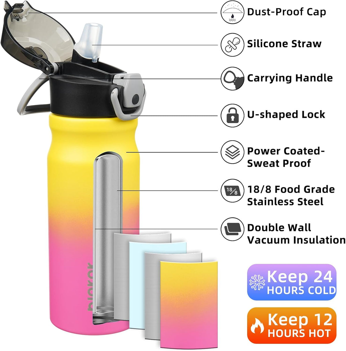 BJPKPK 18 oz Water Bottle with Straw & Handle, Insulated Stainless Flask