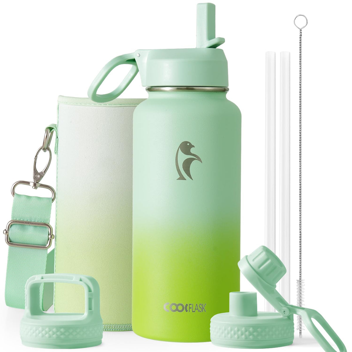 Coolflask 40 oz Water Bottle Insulated with Straw & 3 Leakproof Lids