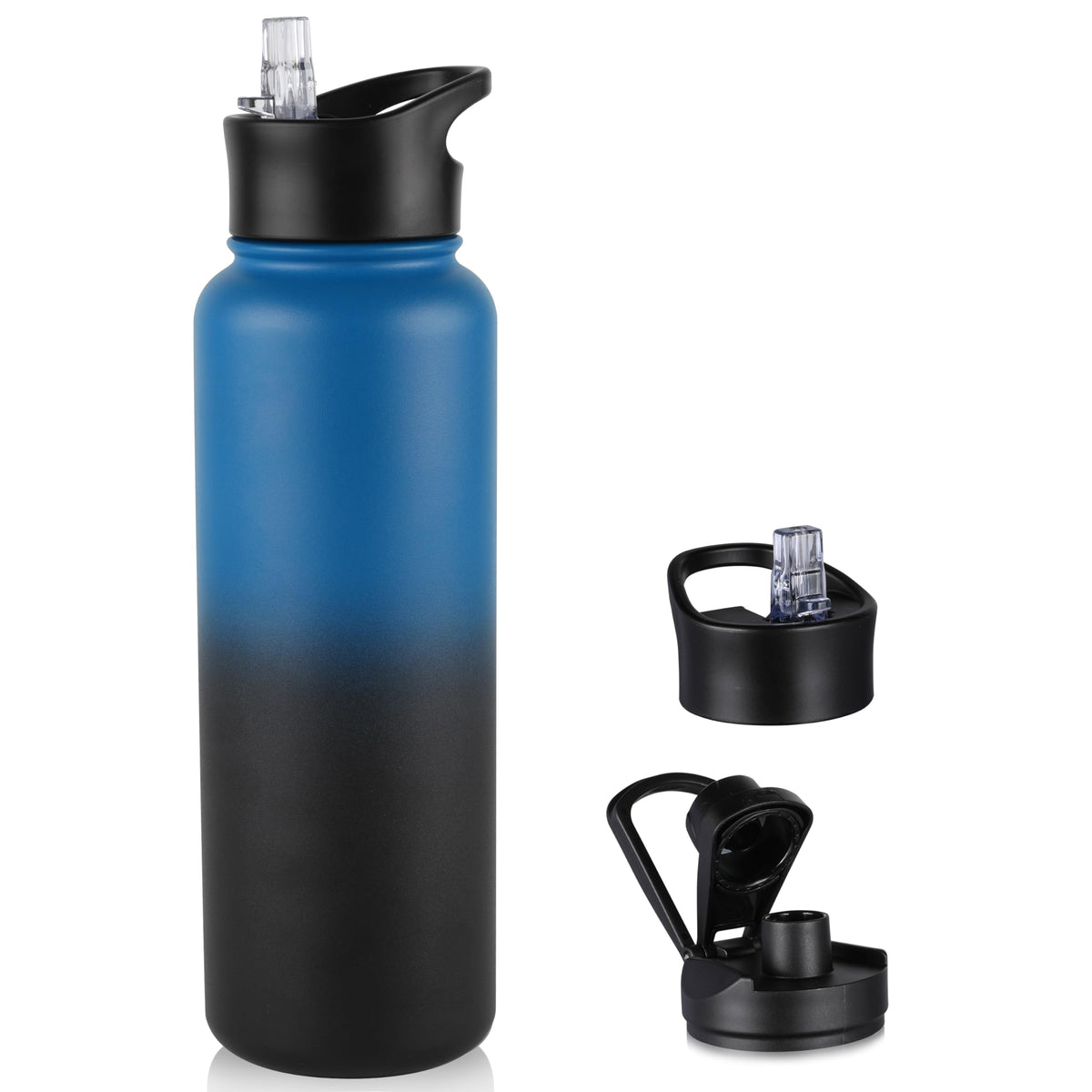 40 oz Insulated Water Bottle with Straw, Stainless Steel Sports Water Bottles with 2 Lids (Straw and Wide Mouth lid), Double Wall Vacuum, Leakproof, BPA-Free, Black