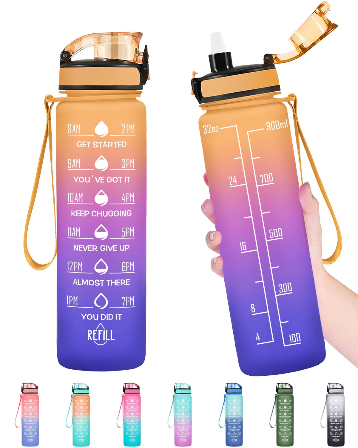 Enerbone Water Bottle, Leakproof BPA & Toxic Free, Motivational Water Bottle with Times to Drink and Straw, Fitness Sports Water Bottle with Strap for Office, Gym, Outdoor Sports