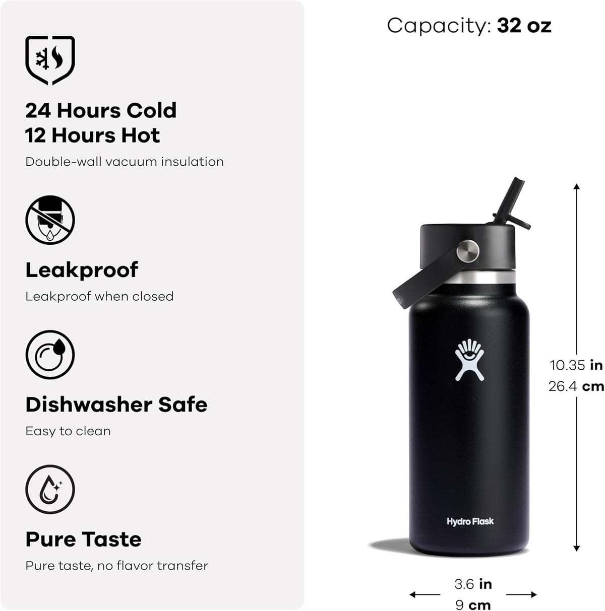 Hydro Flask Water Bottle - Insulated Stainless Steel - Wide Mouth Flex Straw Lid, Non Spill, Leakproof and Refillable in 32 Oz Beachplum Purple