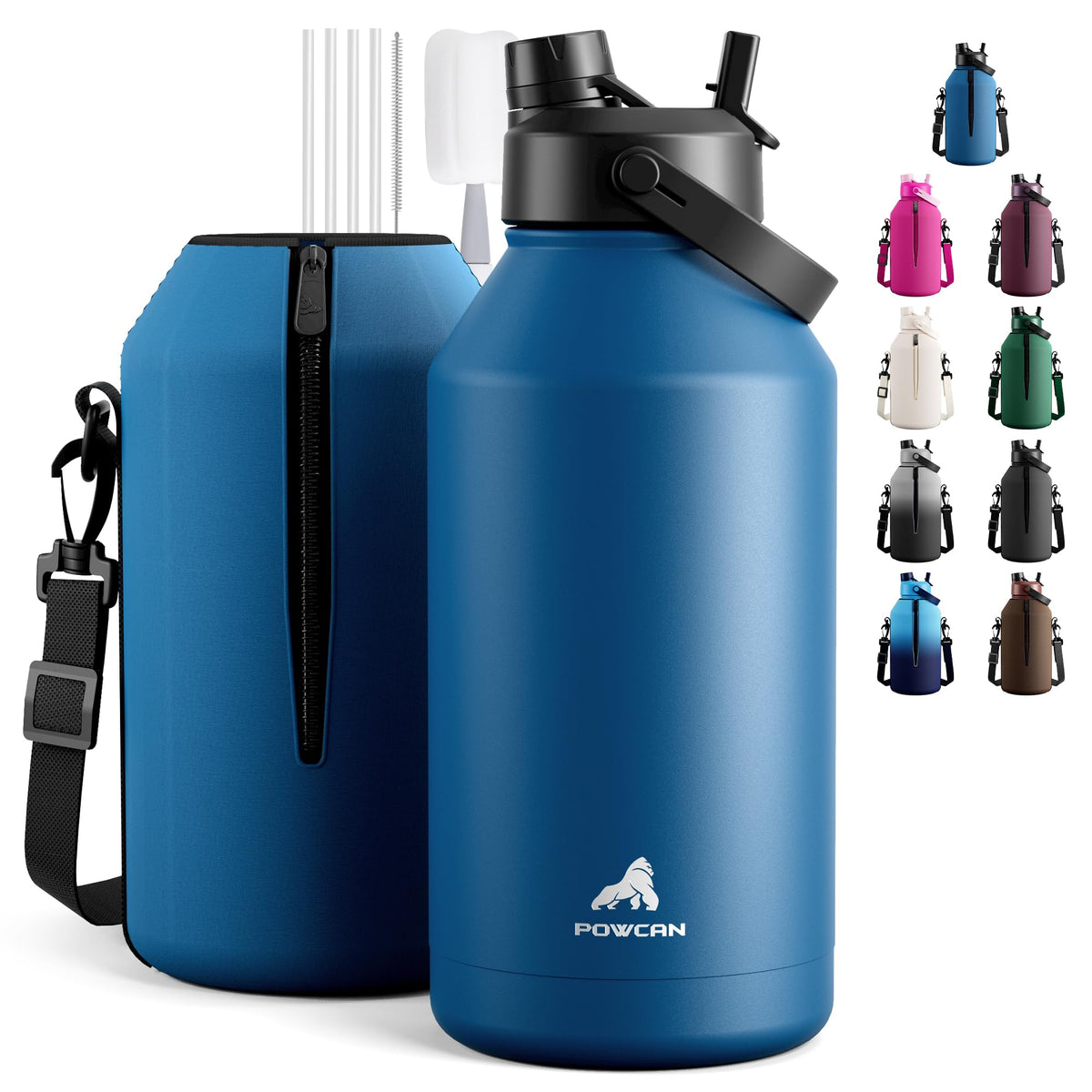 POWCAN 64 oz Insulated Water Bottle for Sports: 2-in-1 Straw & Spout Lid, Leakproof, Carrier Bag, Shoulder Strap, Keep Cold 48H, BPA-Free, Half Gallon Metal Water Jug for Gym, Travel, Gift (Midnight)