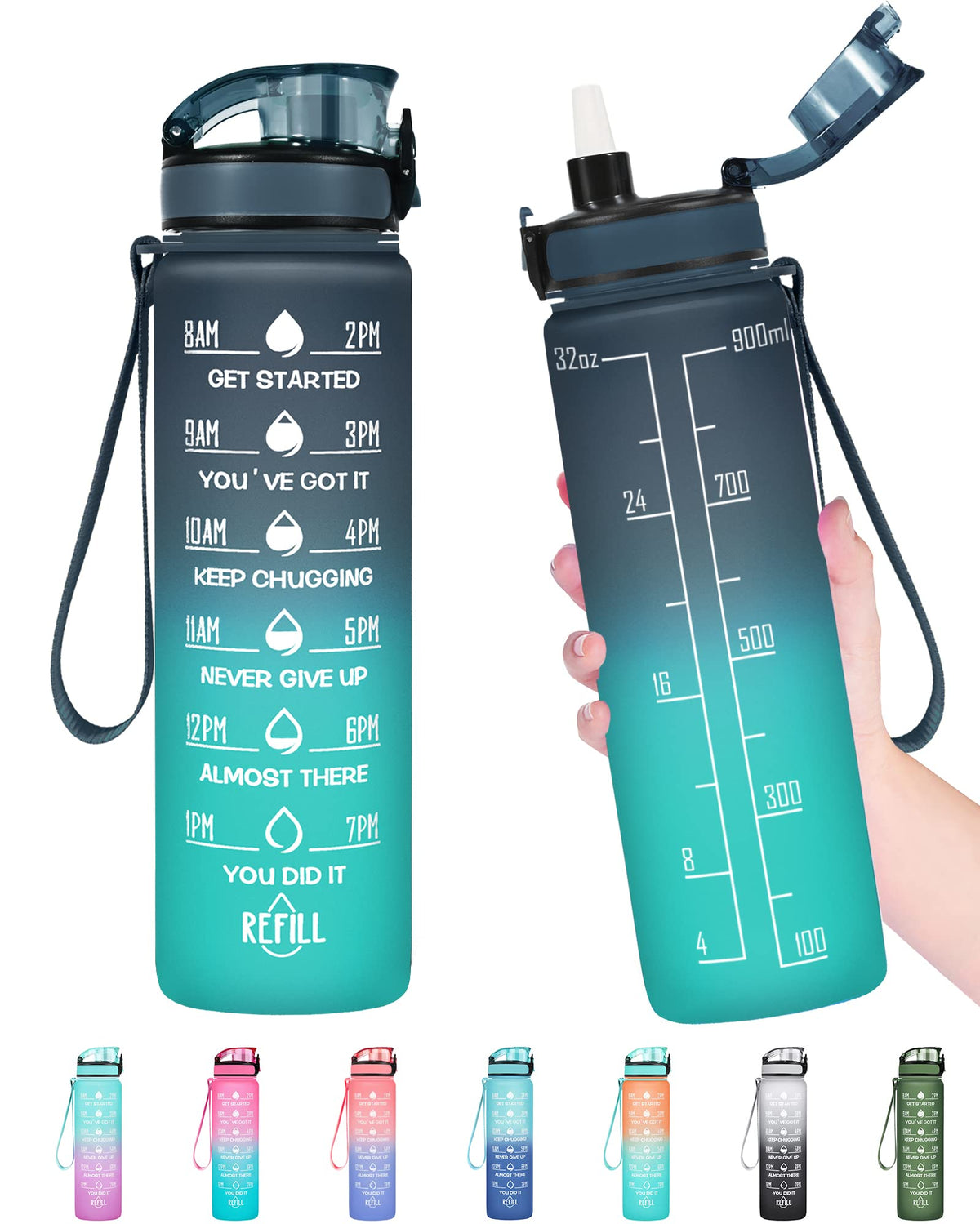 Enerbone Water Bottle, Leakproof BPA & Toxic Free, Motivational Water Bottle with Times to Drink and Straw, Fitness Sports Water Bottle with Strap for Office, Gym, Outdoor Sports