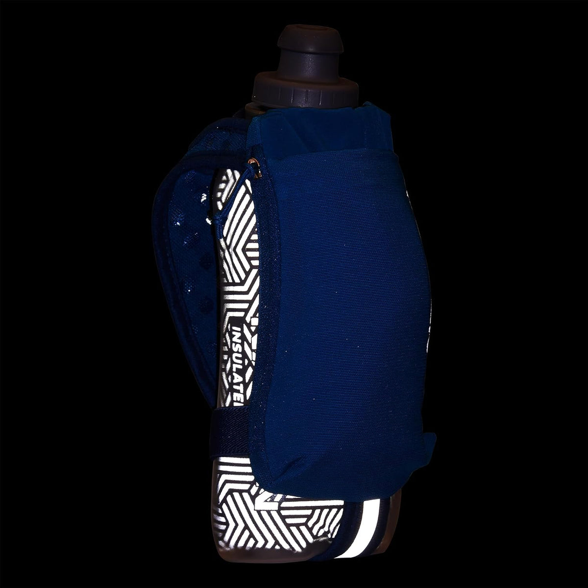 Nathan SpeedDraw 2 Insulated Handheld Running Water Bottle Flask – Double-Wall Insulation, Ergonomic Grip, Blast Valve Cap, Phone & Key Storage Pockets, Reflective Design - 18oz, Deep Blue