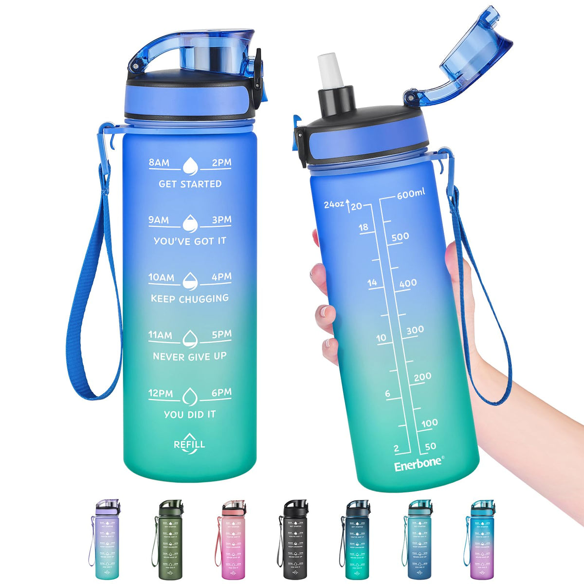 Enerbone Water Bottle, Leakproof BPA & Toxic Free, Motivational Water Bottle with Times to Drink and Straw, Fitness Sports Water Bottle with Strap for Office, Gym, Outdoor Sports