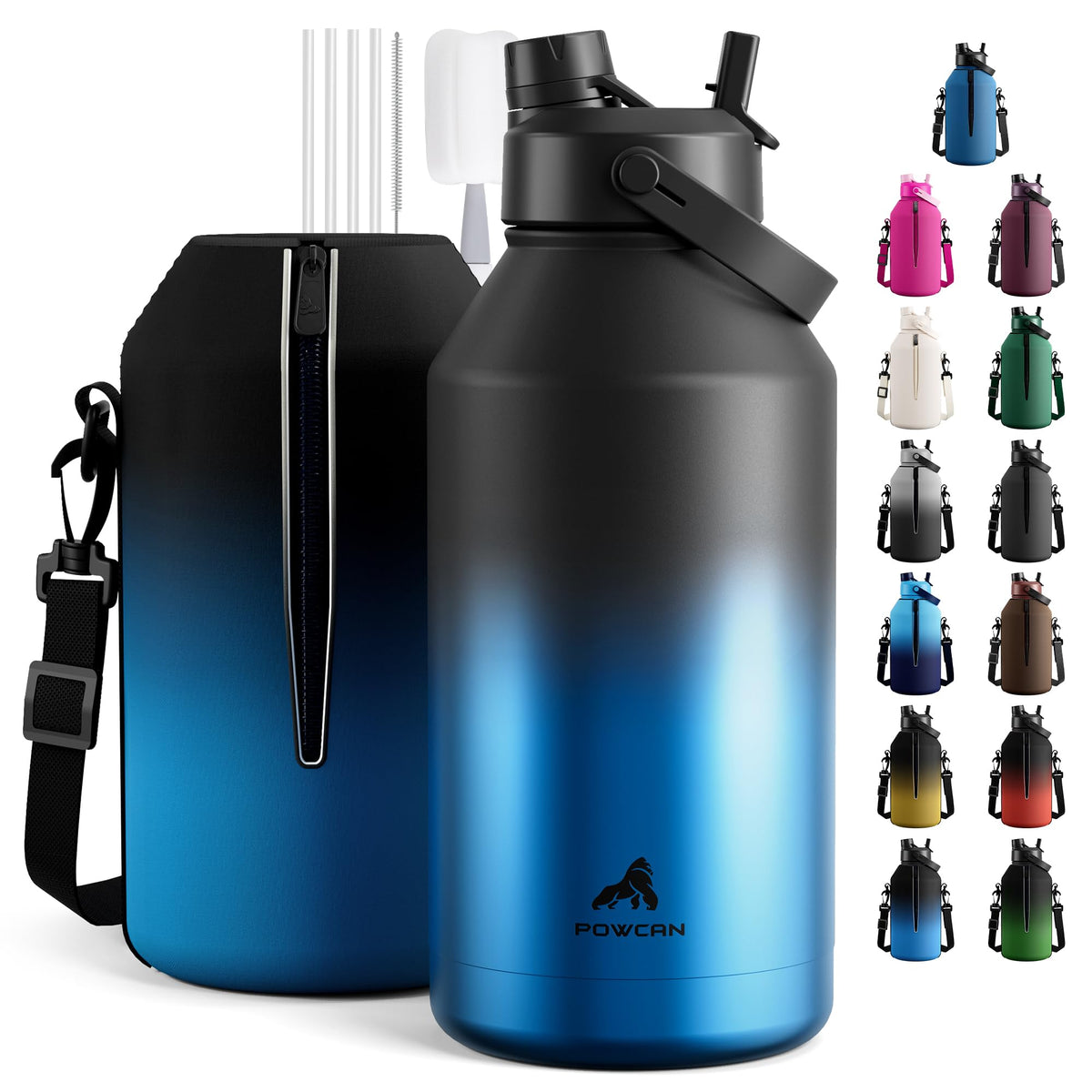 POWCAN 64 oz Insulated Water Bottle for Sports: 2-in-1 Straw & Spout Lid, Leakproof, Carrier Bag, Shoulder Strap, Keep Cold 48H, BPA-Free, Half Gallon Metal Water Jug for Gym, Travel, Gift (Midnight)