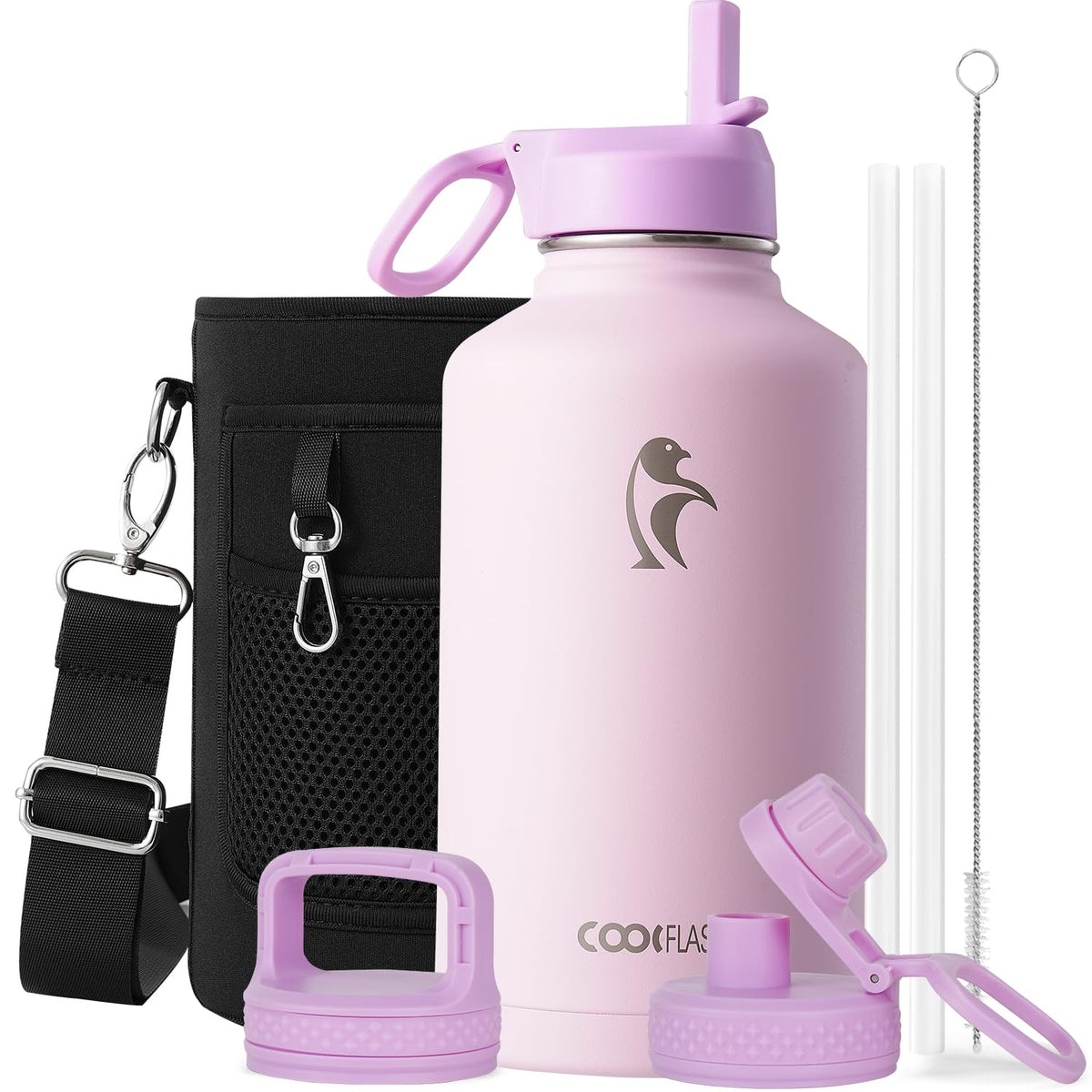 Coolflask Half Gallon Water Bottle Insulated with Straw & 3 Leakproof Lids