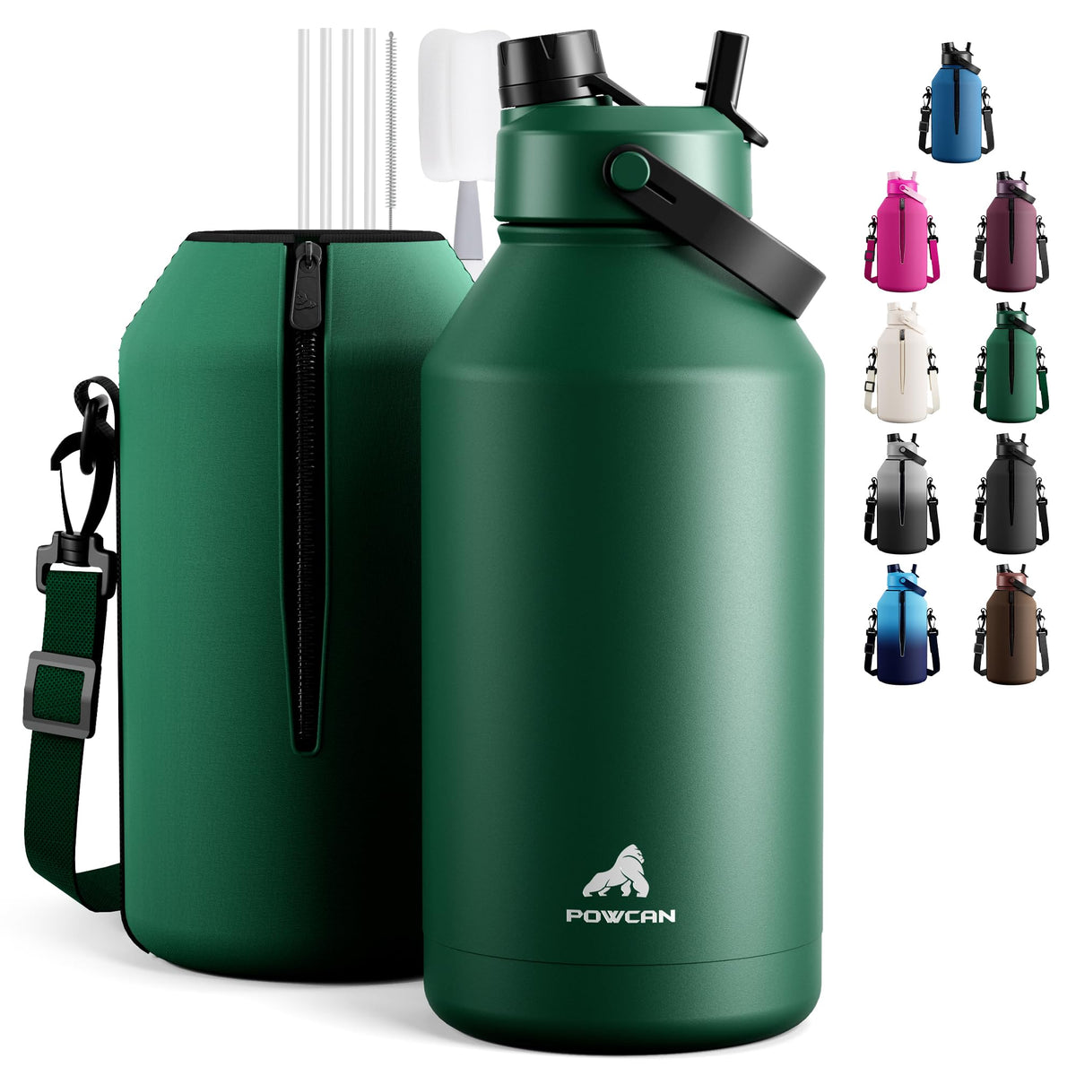 POWCAN 64 oz Insulated Water Bottle for Sports: 2-in-1 Straw & Spout Lid, Leakproof, Carrier Bag, Shoulder Strap, Keep Cold 48H, BPA-Free, Half Gallon Metal Water Jug for Gym, Travel, Gift (Midnight)