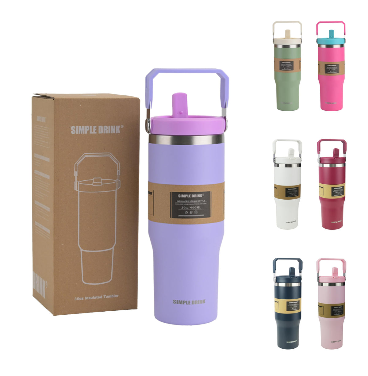 30oz Flip Straw Insulated Water Bottle with Handle, Leak Proof Stainless Steel Travel Tumbler With Lid, Double Wall Vacuum Iced Coffee Travel Mug, Sport Cup, Outside use
