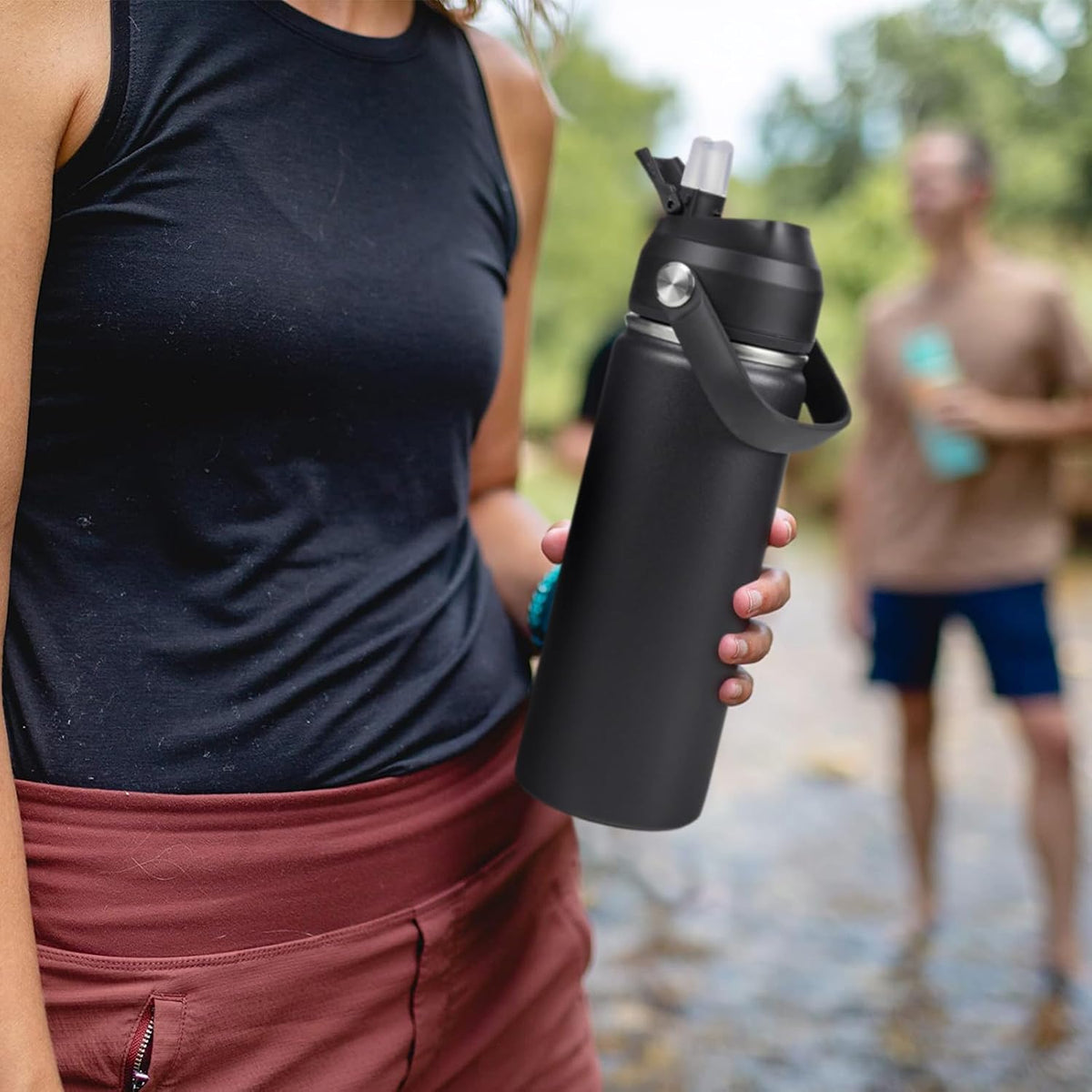 Fijinhom 24oz Insulated Stainless Steel Water Bottle, Wide Mouth Double Wall Vacuum, Silicone Straw, Sweat & Leak Proof, BPA Free Insulated Water Flask for Travel, Keep Cold 24h Hot 12h, Black