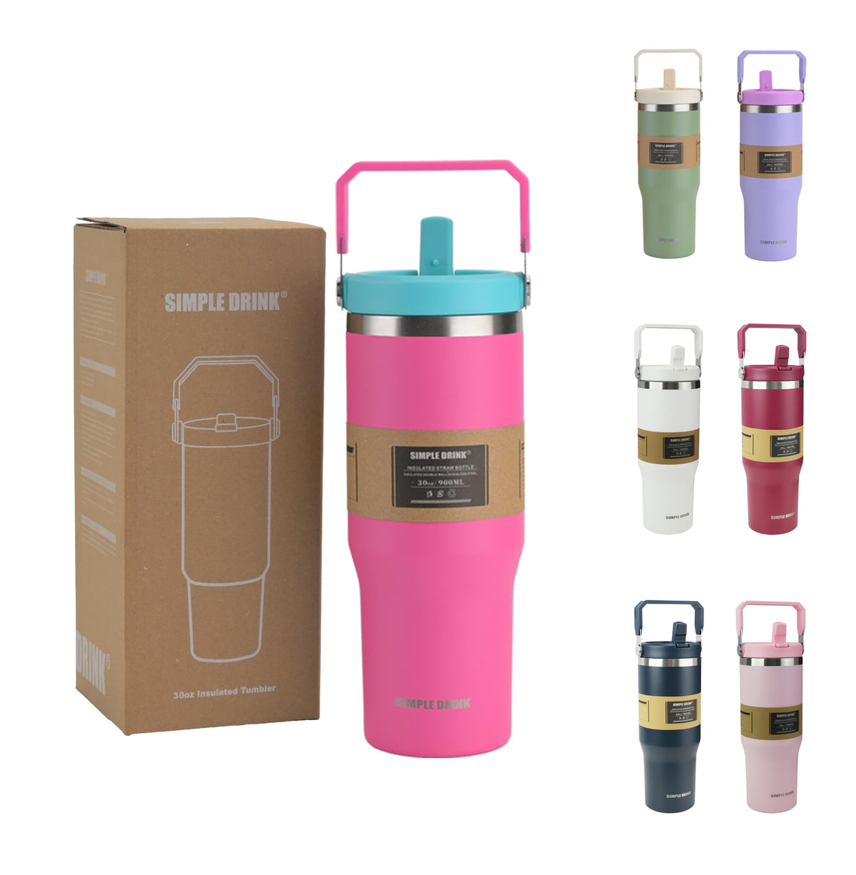 30oz Flip Straw Insulated Water Bottle with Handle, Leak Proof Stainless Steel Travel Tumbler With Lid, Double Wall Vacuum Iced Coffee Travel Mug, Sport Cup, Outside use