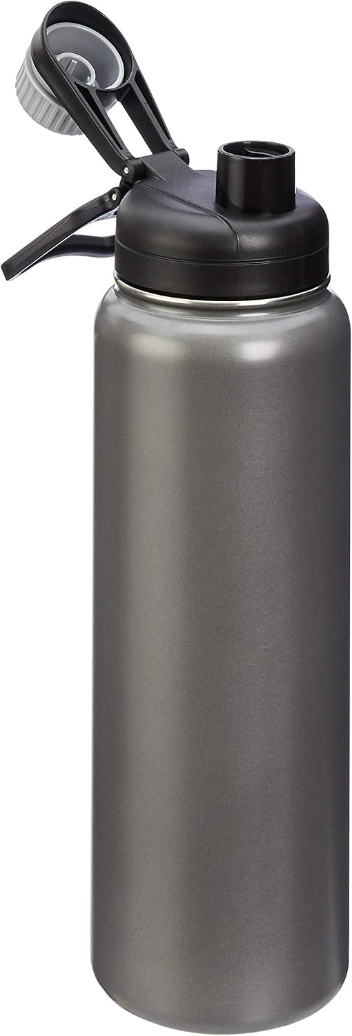 Amazon Basics Large Insulated Stainless Steel Water Bottle, Leakproof Spout Lid, BPA-Free, Vacuum Insulated, Keeps Drinks Cold, Portable, 30.1 ounces, Gray