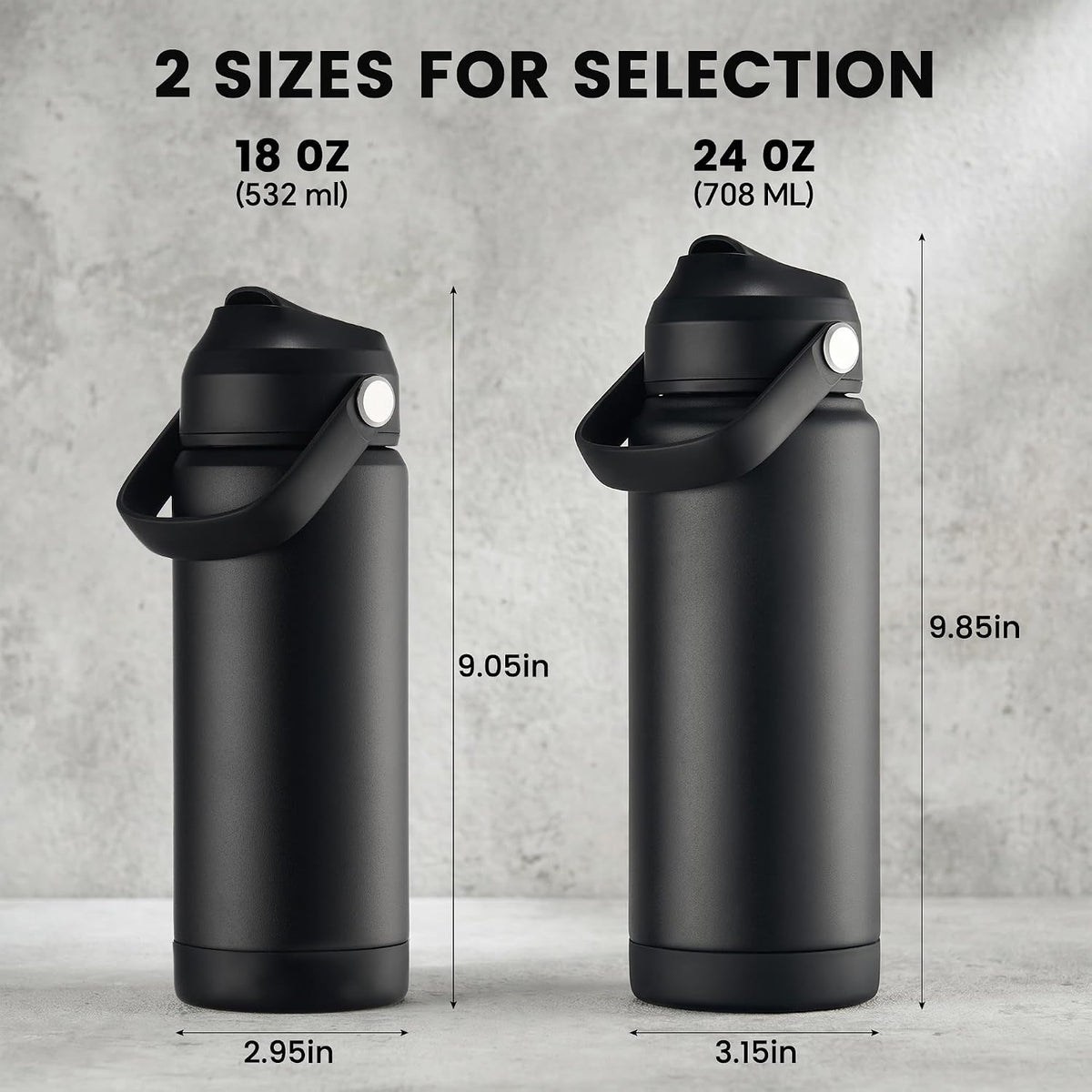 Fijinhom 18oz Insulated Stainless Steel Water Bottle, Wide Mouth Double Wall Vacuum, Silicone Straw, Sweat & Leak Proof, BPA Free Insulated Water Flask for Travel, Keep Cold 24h Hot 12h, Black