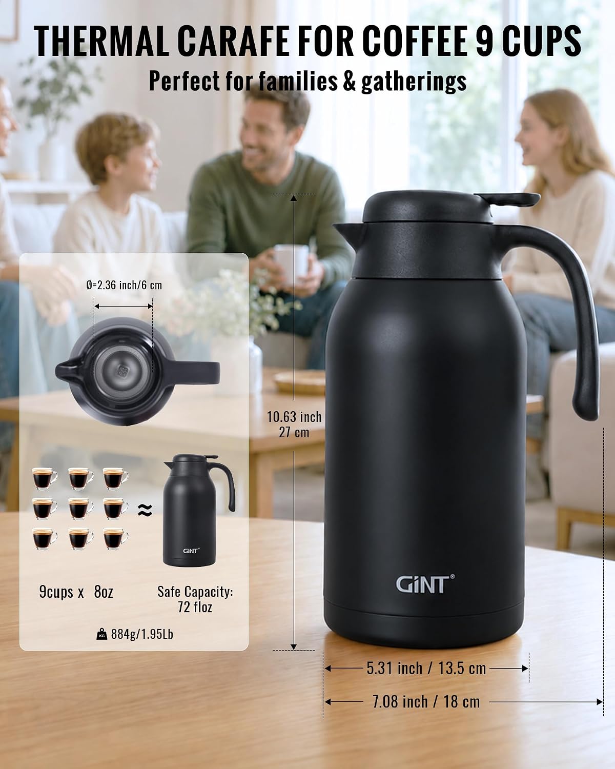 GiNT 74oz Thermal Coffee Carafe, Insulated Carafe for Hot Liquids(Black)