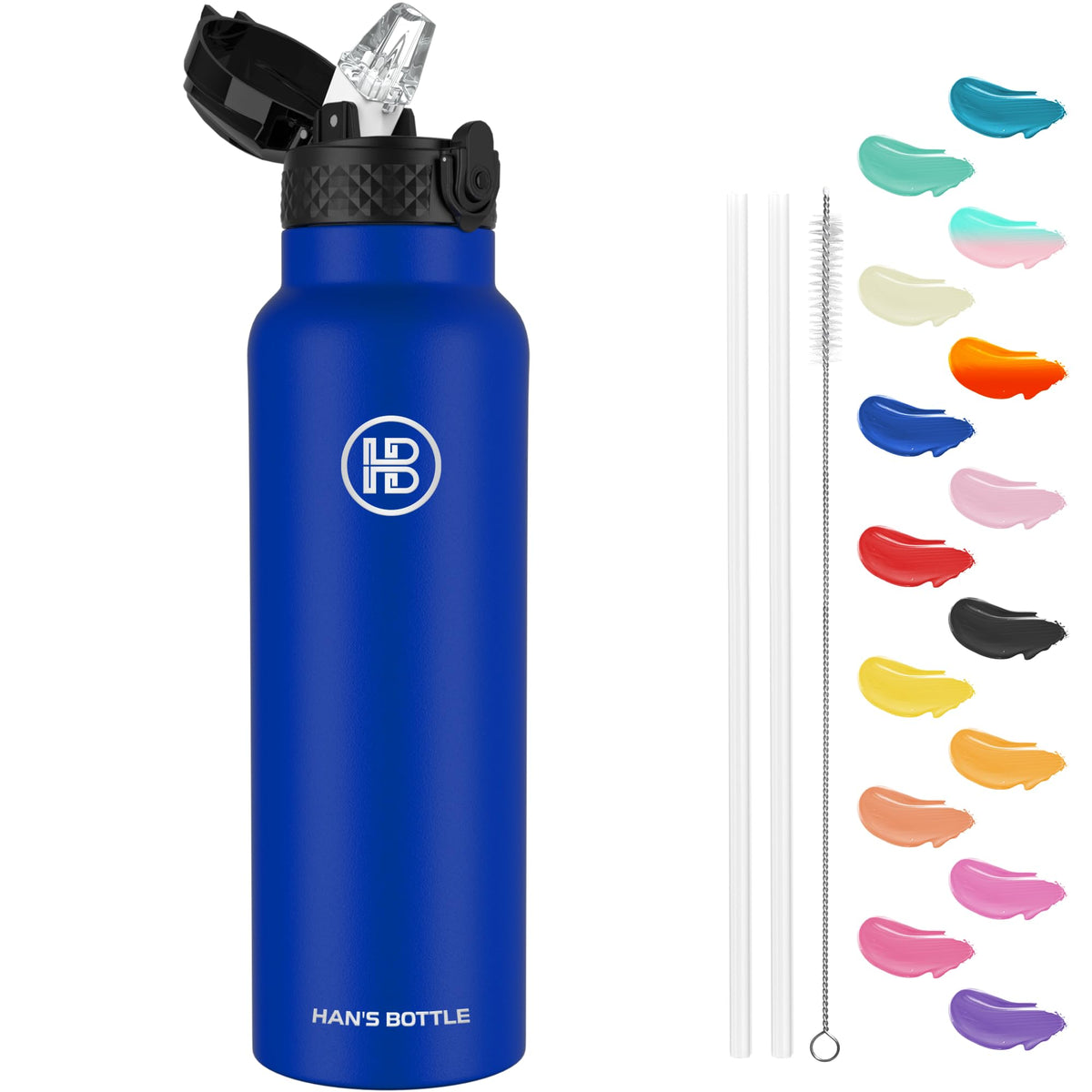 Han's Bottle Sports Water Bottle - 24 Oz, Straw Lid, Leak Proof, Vacuum Insulated Stainless Steel, Double Walled, Thermo Mug,Black