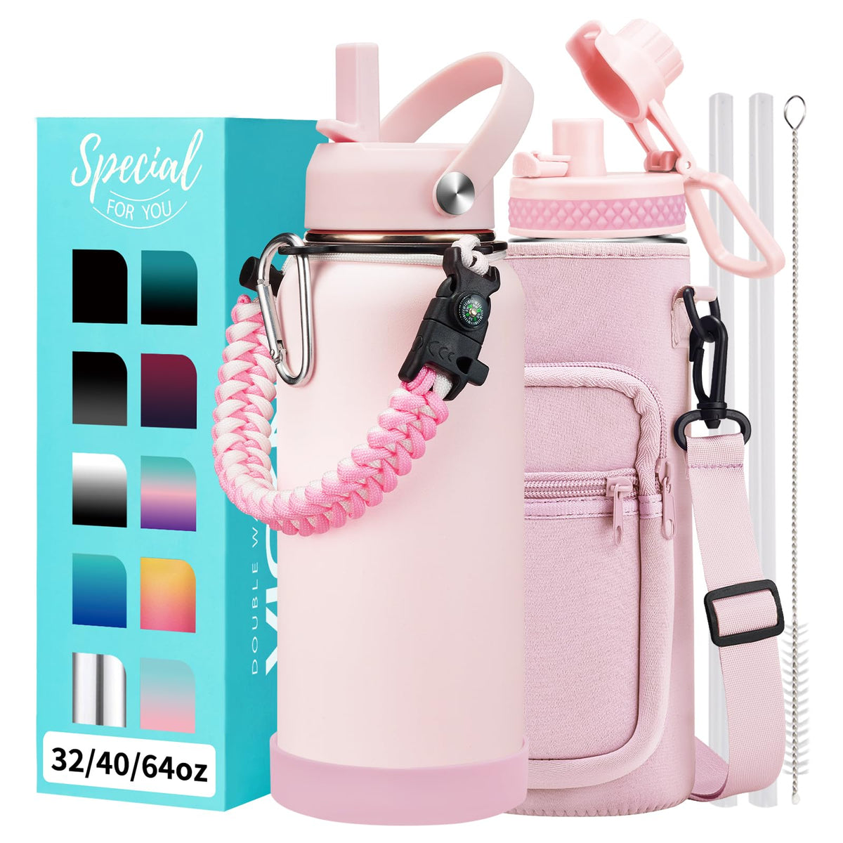 32/40/64OZ Insulated Water Bottle - Keep Cold 48H Hot 24H, Combo Straw/Spout Lids, Paracord Handle for Gym/Hiking, Carrier Bag +Strap, Cup Mat, BPA-Free Stainless Steel Flask Jug