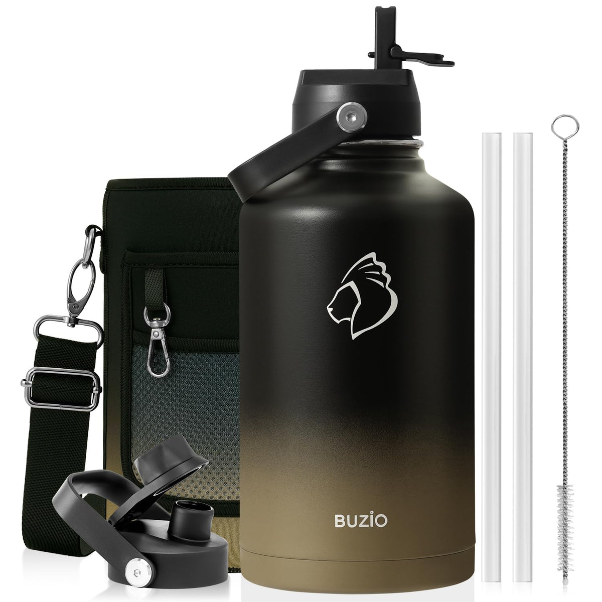 BUZIO 64 oz Insulated Stainless Steel Water Bottle with Dust-proof Lids