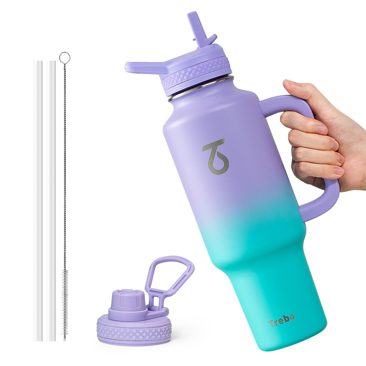 Trebo 40 oz Water Bottle Insulated Fit in Any Car Cup Holder with 2 Lids