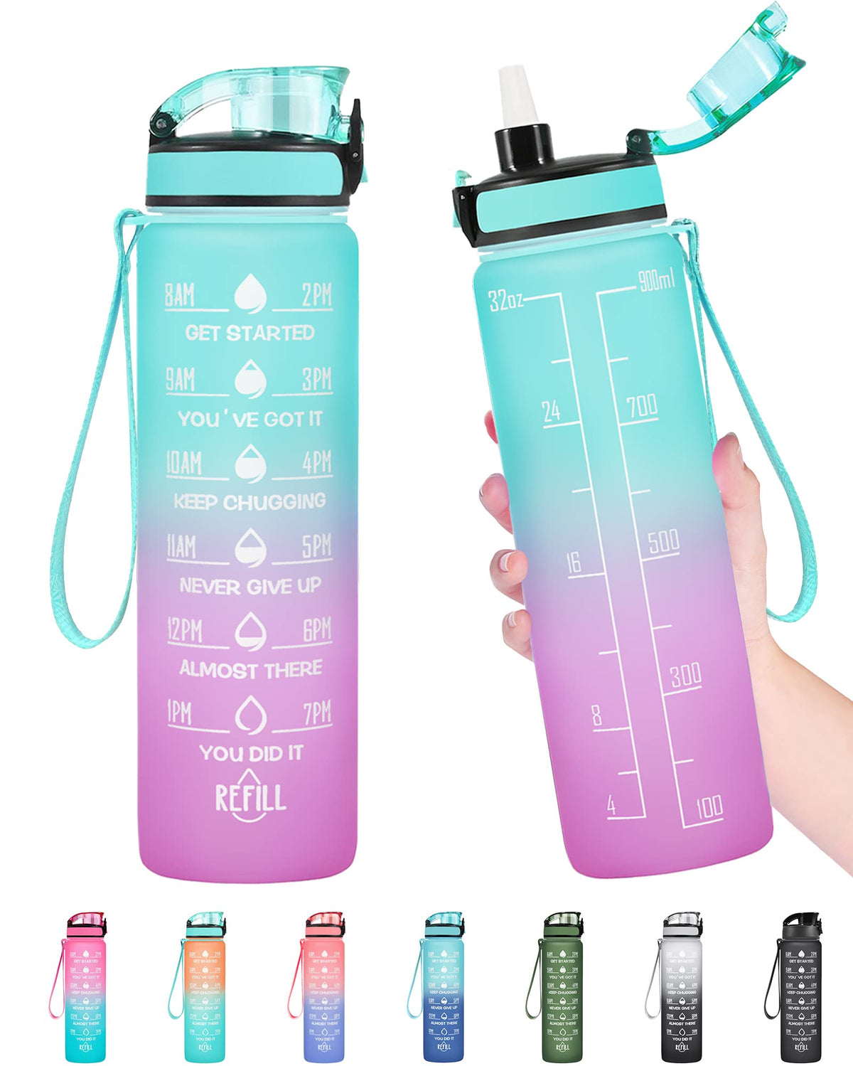 Enerbone Water Bottle, Leakproof BPA & Toxic Free, Motivational Water Bottle with Times to Drink and Straw, Fitness Sports Water Bottle with Strap for Office, Gym, Outdoor Sports