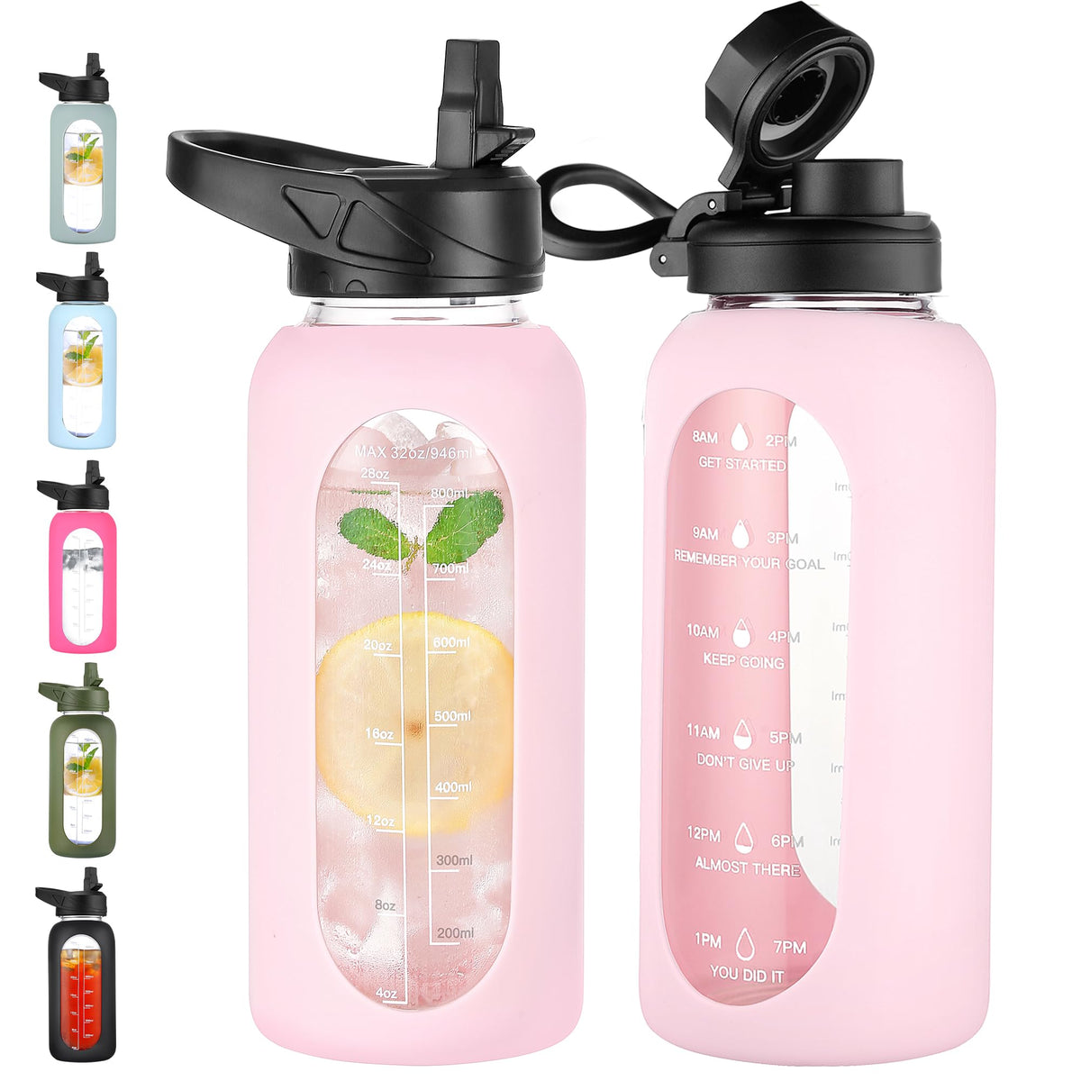 CIVAGO 64 oz Glass Water Bottle with Straw, Half Gallon Large Water Jug