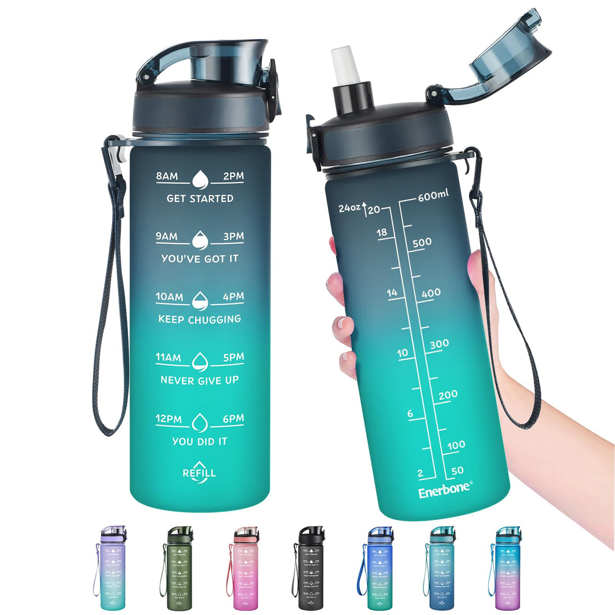 Enerbone Water Bottle, Leakproof BPA & Toxic Free, Motivational Water Bottle with Times to Drink and Straw, Fitness Sports Water Bottle with Strap for Office, Gym, Outdoor Sports