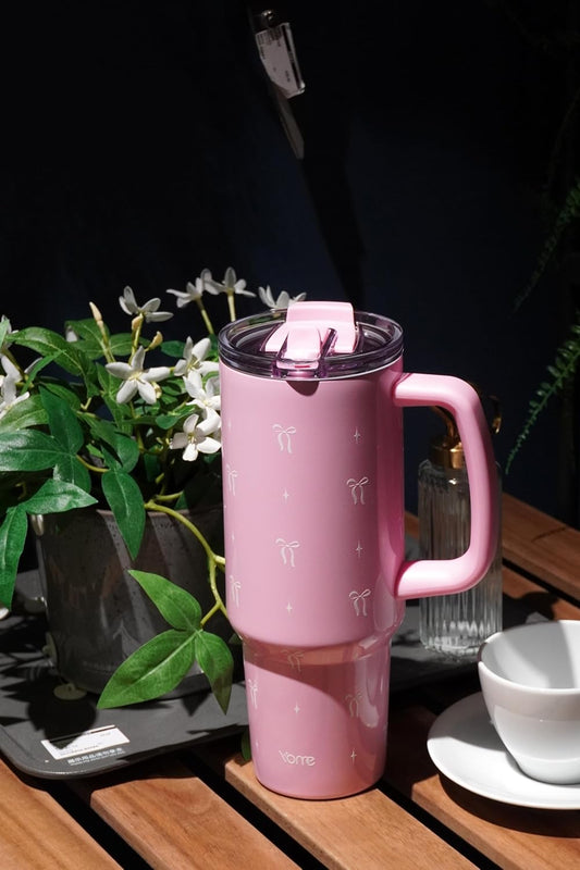 YOME 40 oz Bow Pink Tumbler with Handle and Flip Straw for Women | Stainless Steel Insulated Water Bottle | Keeps Drinks Cold | Dishwasher Safe | Cupholder Friendly | Gift Gym Travel Yoga