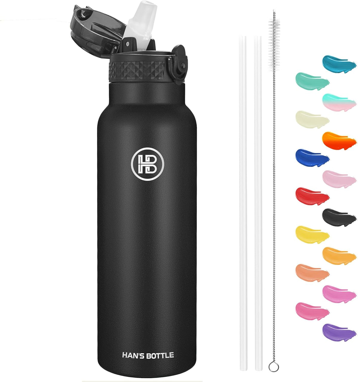 Han's Bottle Sports Water Bottle - 24 Oz, Straw Lid, Leak Proof, Vacuum Insulated Stainless Steel, Double Walled, Thermo Mug,Black