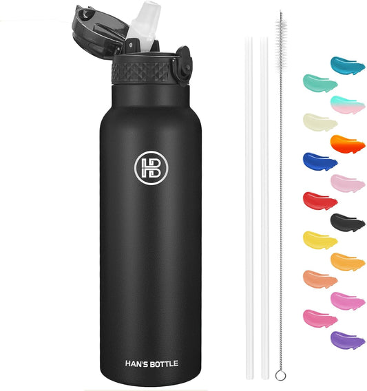Han's Bottle Sports Water Bottle - 24 Oz, Straw Lid, Leak Proof, Vacuum Insulated Stainless Steel, Double Walled, Thermo Mug,Black