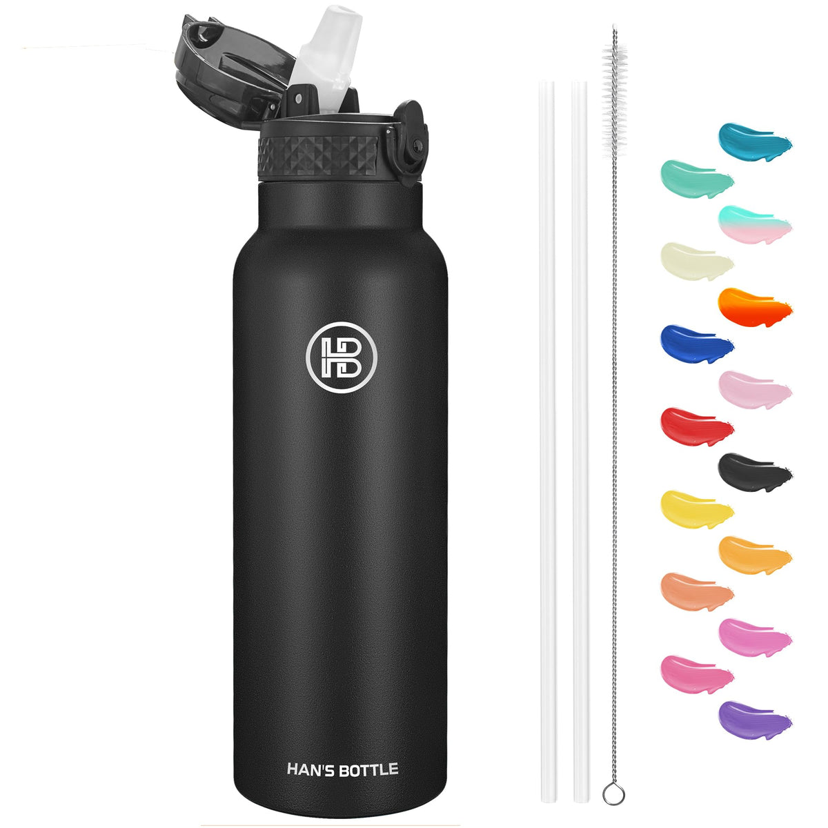 Han's Bottle Sports Water Bottle - 24 Oz, Straw Lid, Leak Proof, Vacuum Insulated Stainless Steel, Double Walled, Thermo Mug,Black