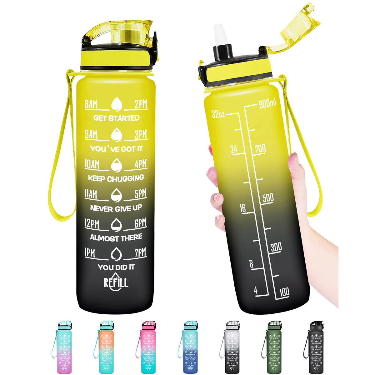 Enerbone Water Bottle, Leakproof BPA & Toxic Free, Motivational Water Bottle with Times to Drink and Straw, Fitness Sports Water Bottle with Strap for Office, Gym, Outdoor Sports