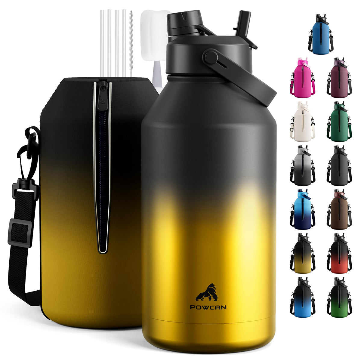 POWCAN 64 oz Insulated Water Bottle for Sports: 2-in-1 Straw & Spout Lid, Leakproof, Carrier Bag, Shoulder Strap, Keep Cold 48H, BPA-Free, Half Gallon Metal Water Jug for Gym, Travel, Gift (Midnight)