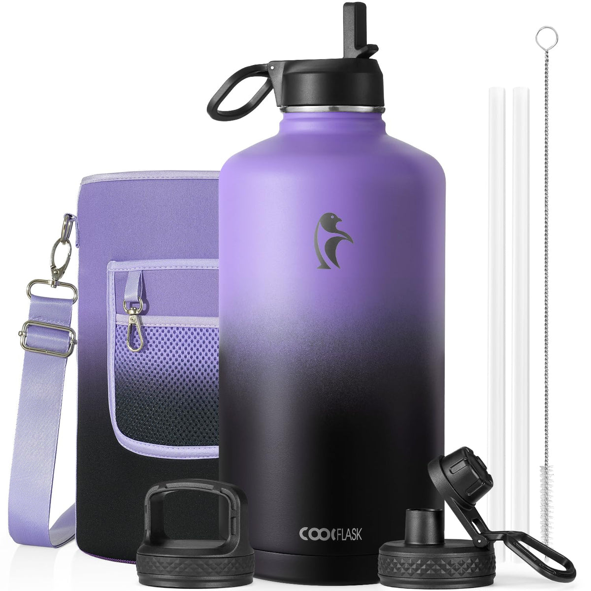 Coolflask Half Gallon Water Bottle Insulated with Straw & 3 Leakproof Lids